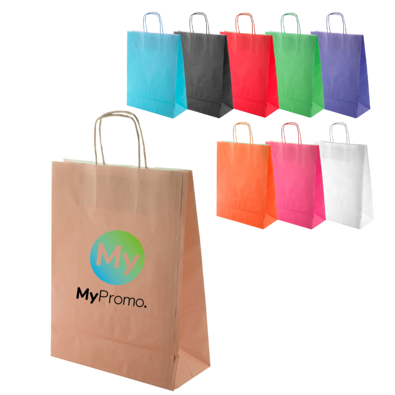 Sac en papier | Papier kraft 100 g/m² | Poignées colorées torsadées | Pas cher